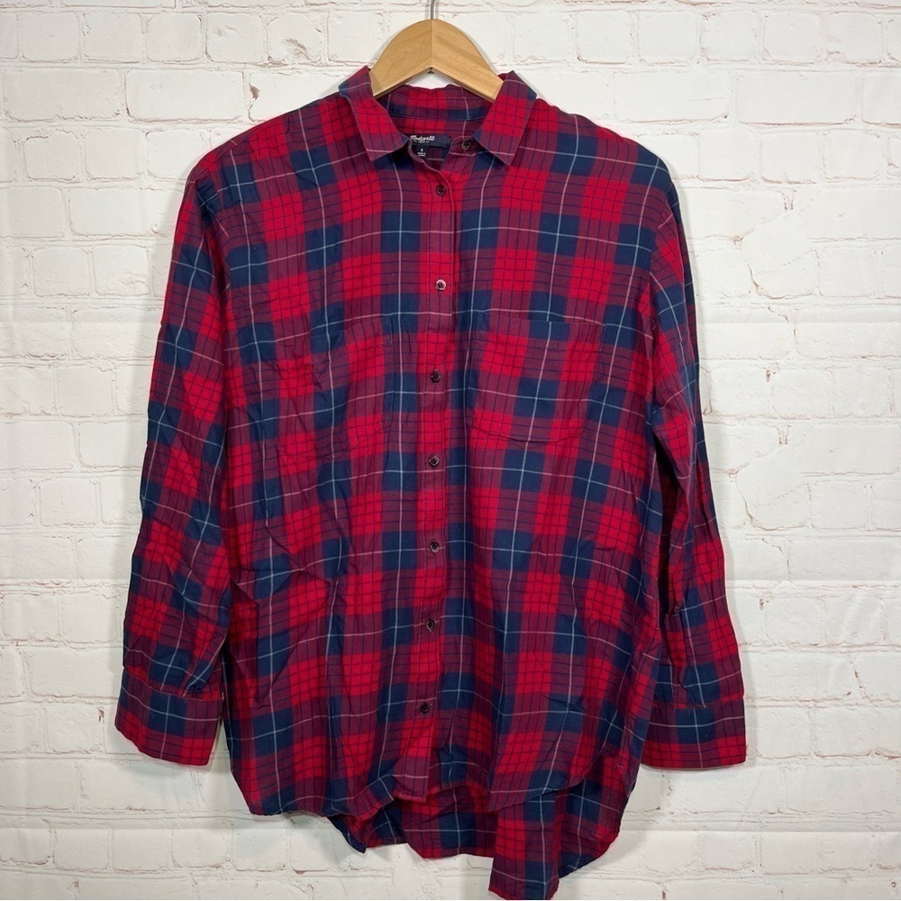 Madewell Shirt Womens Small Red Blue Flannel Plaid Button Up Long Sleeve Pocket